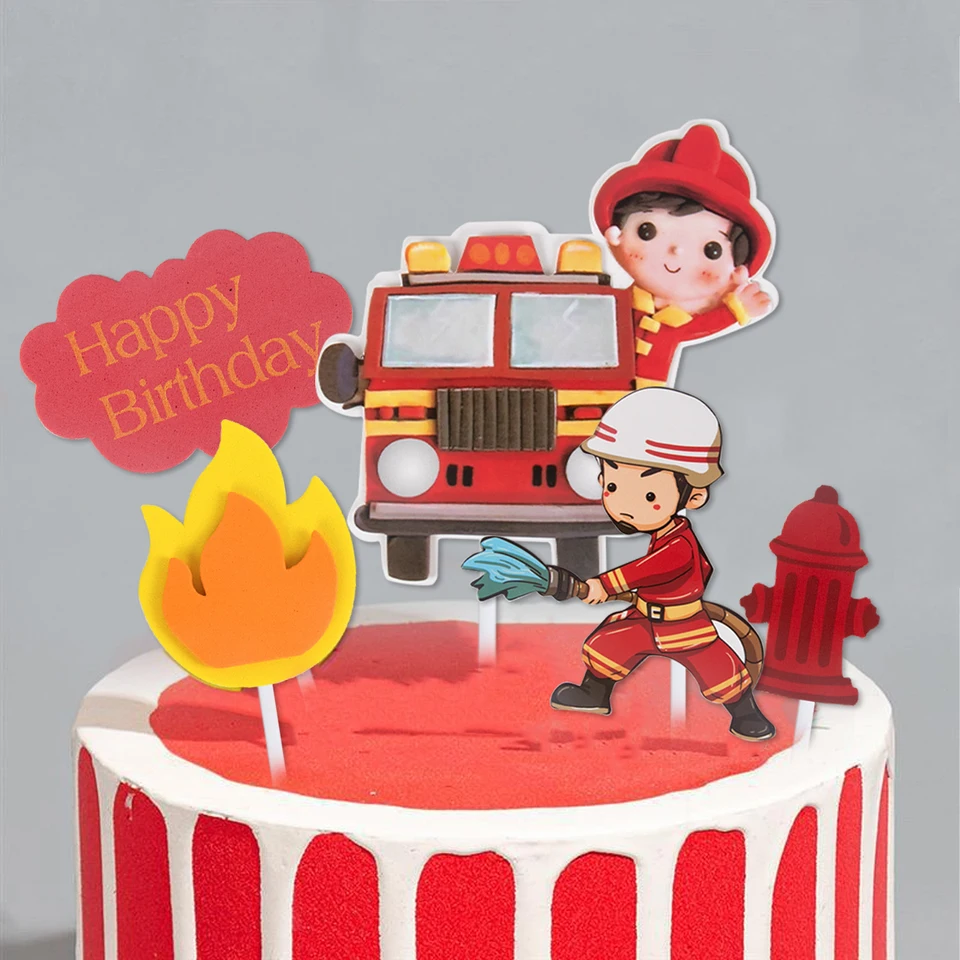 Decoraciones Para Tartas De Cumpleaños Con Tema De Bomberos - 24 Piezas De Cartón, Incluye Camión, Sombrero Y Más