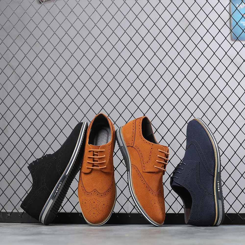 Men's Classic Retro Brogue Shoes Mens Lace-up Suede Leather Casual Shoes Men Light Comfortable Driving Flats