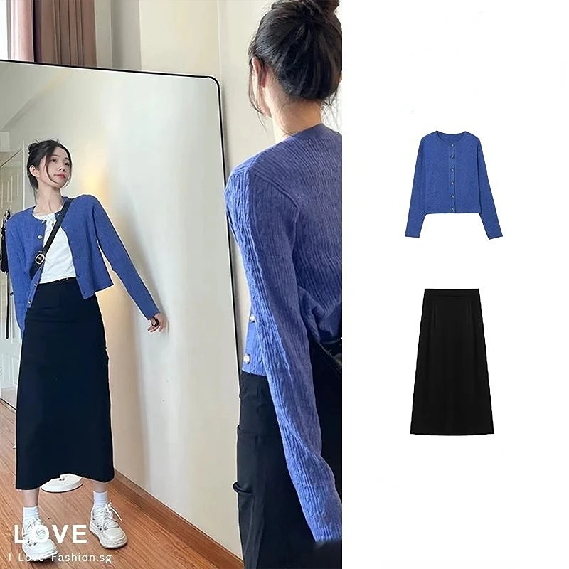 

Set Female 2023 Fall New Sweet Loose Thin Knit Tops Cardigan Jacket High Waist Half Skirt 2 Piece Sets Womens Outfits