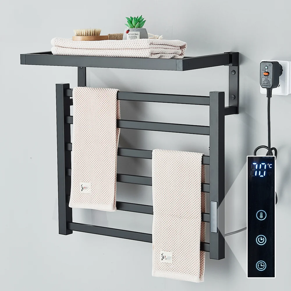Bathroom Touch Digital Electric Heat Towel Rack Thermostatic Stainless Steel Display Preset Time Waterproof Dryer Holder