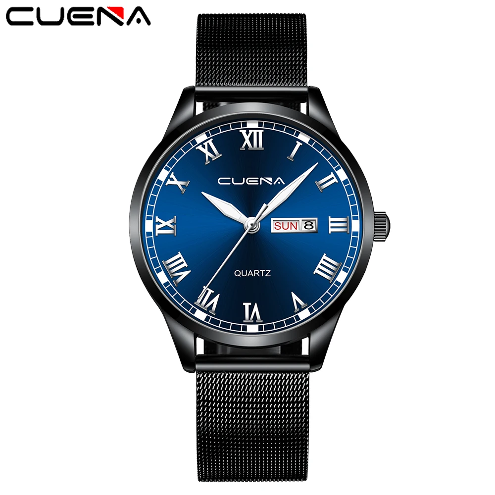 

CUENA Men's Stainless Steel Magnetic Net with Calendar Watch Mens Casual Quartz Luxury Wristwatch Men Military Military Watches