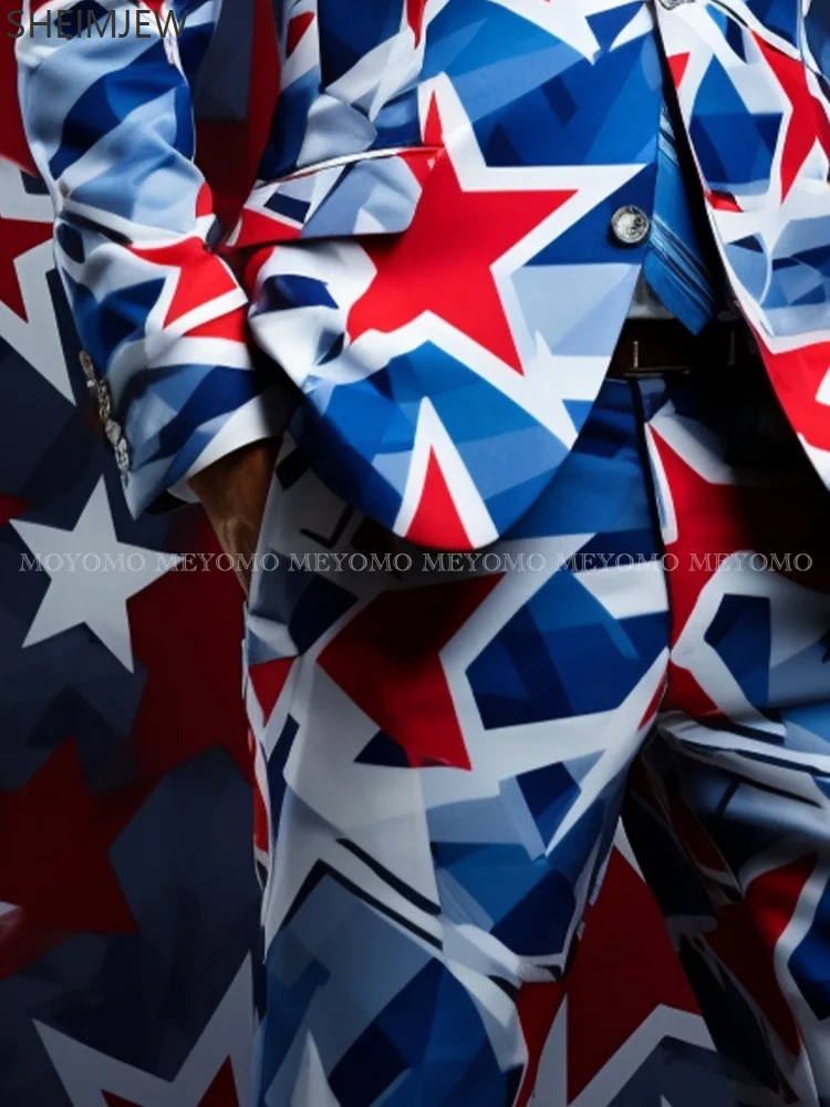 American Flag Men's Suit Set Adult Cow Graffiti Print Wedding Party Cosplay Fashion Evening Dress Costume Stage Gentleman Slim