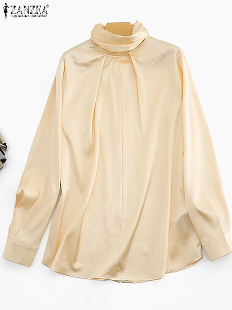 ZANZEA Streetwear Pleated High Collar Blusa Satin Silk Women Chemise Chic Buttons Blouse 2023 Fashion Long Sleeve Elegant Shirts