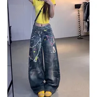 American vintage hip-hop chain pattern loose jeans suitable for both men and women high street goth style Y2K straight-cut denim