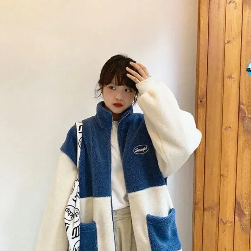 2023 Fall Winter Korean Preppy Style Women Coat Embroidery Imitation Lambswool Female Jacket Kawaii Sweet Japanese Girl Y2k Tops