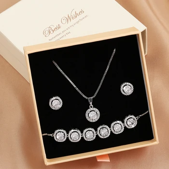 ZAKOL 3 Pcs Jewelry Set for Women Bridal Clear Round AAA Zircon Earrings Bracelet Necklace Sets With Gift Box 1