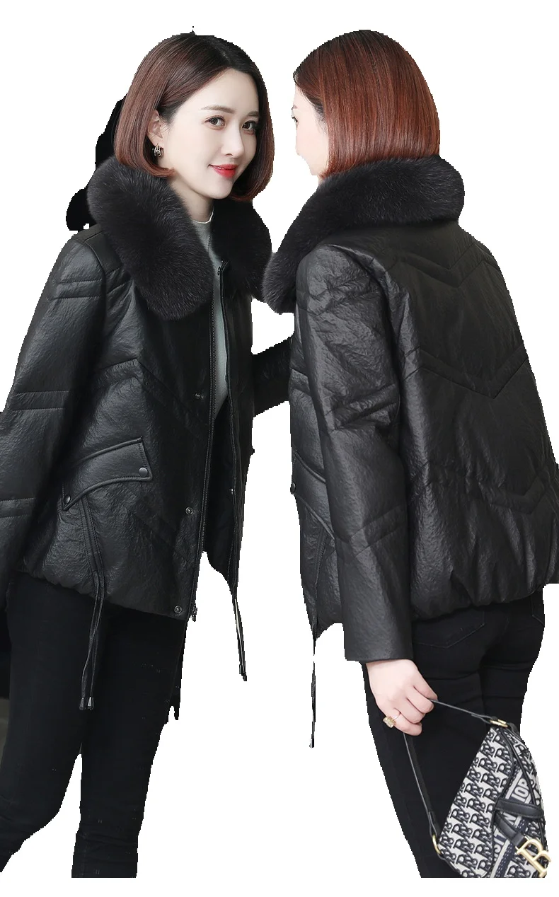 

Женская короткая куртка из натуральной овечьей кожи, с воротником из лисьего меха