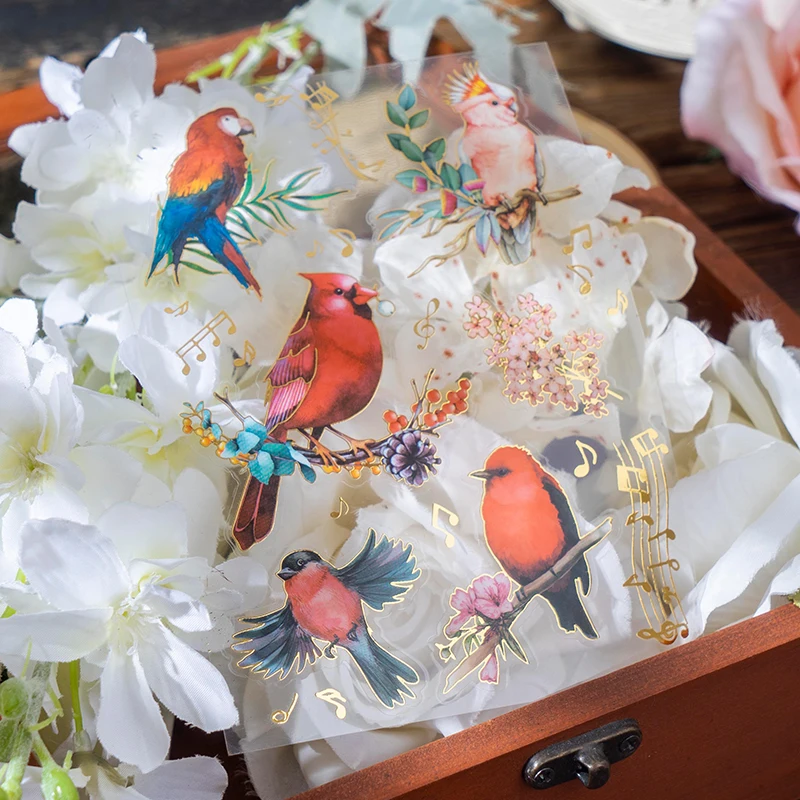 

2 pcs/lot Bronzing Flowers birds flat Stickers colorful bird Decorative sticker Diy Scrapbooking material Craft Supplies