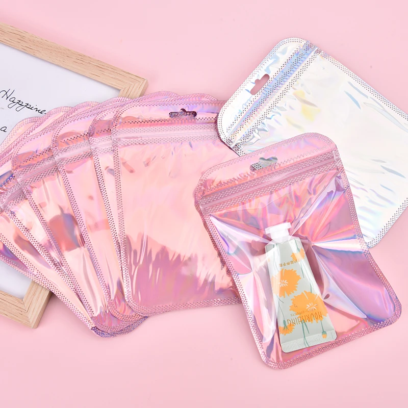 

100Pcs 4 Types Resealable Holographic Bag Cute Eyelash Packaging Bag Lip Gloss Eyelash Foil Transparent Small Ziplock Bag