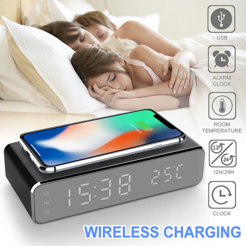 New HD Clock Mirror Digital Thermometer Date Display Alarm Clock LED Electric Alarm Clock With Phone Wireless Charger And Date