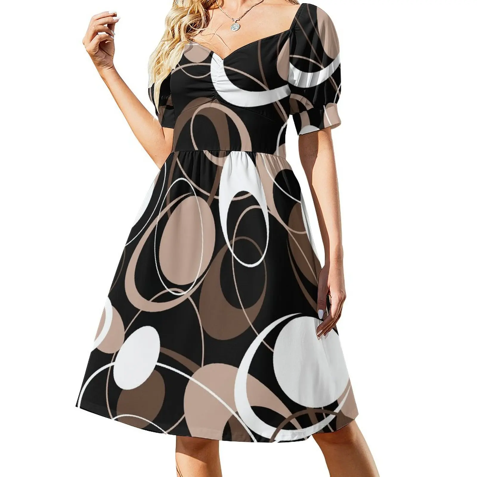 thumbnail image 1 of Vestido retro de manga corta con óvalos de los años 60, ropa de mujer, vestido elegante coreano para mujer., 1 of 7