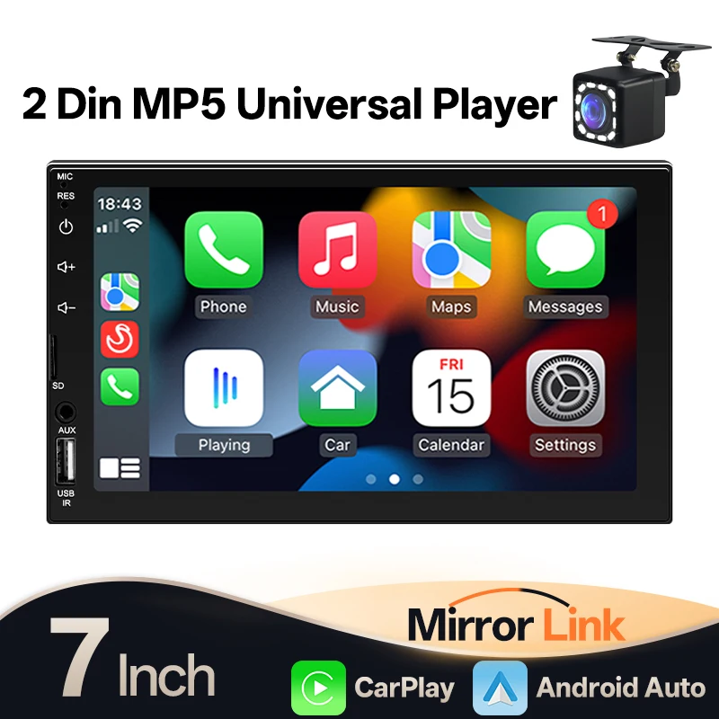 Hippcron 2Din 자동차 라디오 멀티미디어 MP5 플레이어 유선 Carplay 안드로이드 자동 7 터치 스크린 FM AUX 입력 블루투스 지원 카메라