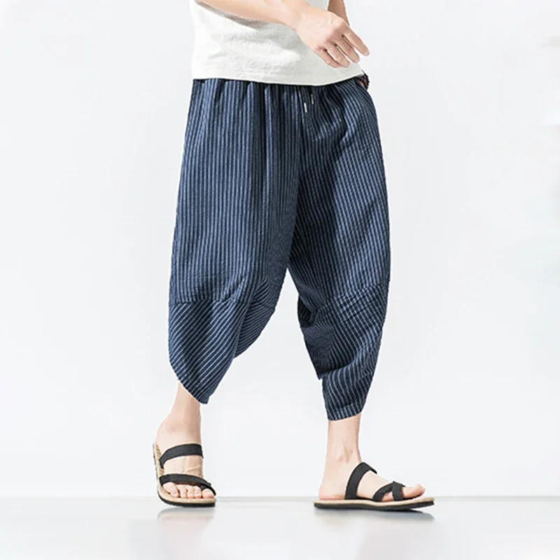 

HOUZHOU Striped Cotton Linens Pants for Men Oversize Harem Cropped Trousers Male Summer Casual Beach Japanese Streetwear Hip Hop