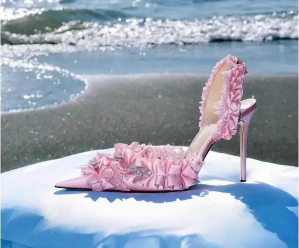 Sweet Girls Pink Black White Silk Bling Crystal Rhinestone Butterfly Knot Floral 10 CM Thin Heels Slingback Summer Sandals
