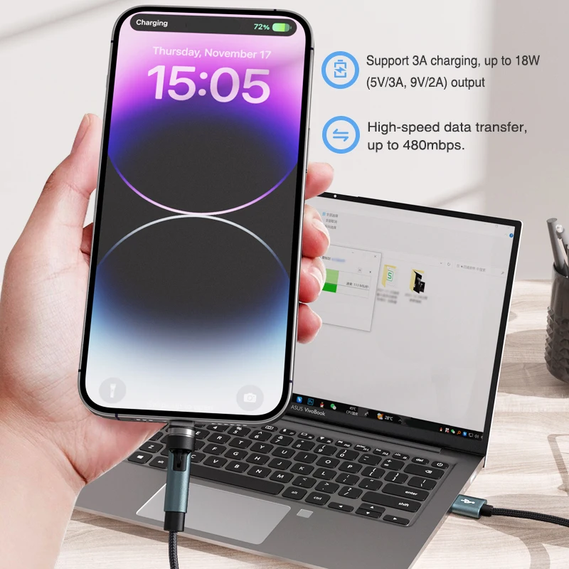 KUULAA 3-in-1 Magnetic Rotating Fast Charging Cable with Micro USB & Type C Connectors
