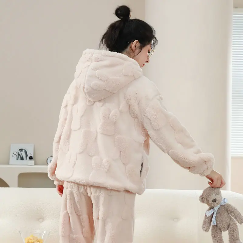 Women Autumn Winter Nightwear Thick Plush Coral Velvet Pajamas Female Student Dorm Sleepweaer Zipper Flannel Home Clothing Set