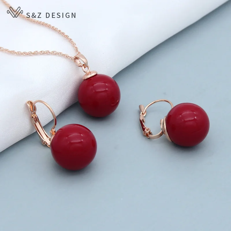 S&Z DESIGN New Fashion Round Simulated Pearl Dangle Earrings Jewelry Sets For Women Wedding 585 Rose Gold Color Necklace