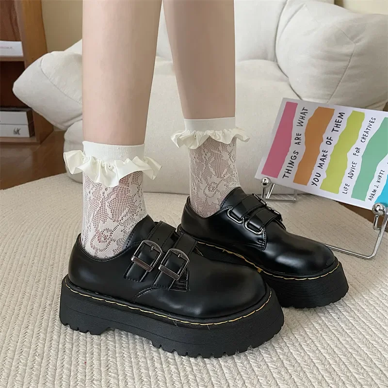 Summer Women's British Style Leather Shoes Thick Bottom Lace-up Black Single Shoes Female Fashion Student Platform