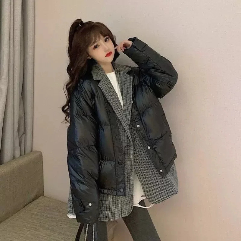 

Fake Two-check Down Jacket Women's Winter 2023 New Design Sense Niche Thickened Suit Collar Cotton-Padded Jacket Solid Color X47