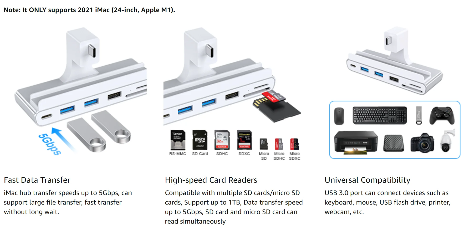 Imac 24インチ用USBcハブ、7-in-1 USB cハブ、USB 3.0 5gbps、sd