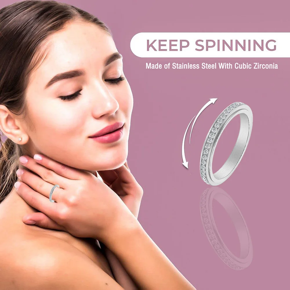 Fidget Anxiety Ring Drive Away Your Anxiety Stainless Steel Spinner Band Rings Cubic Zirconia Rings With Gift Box 3