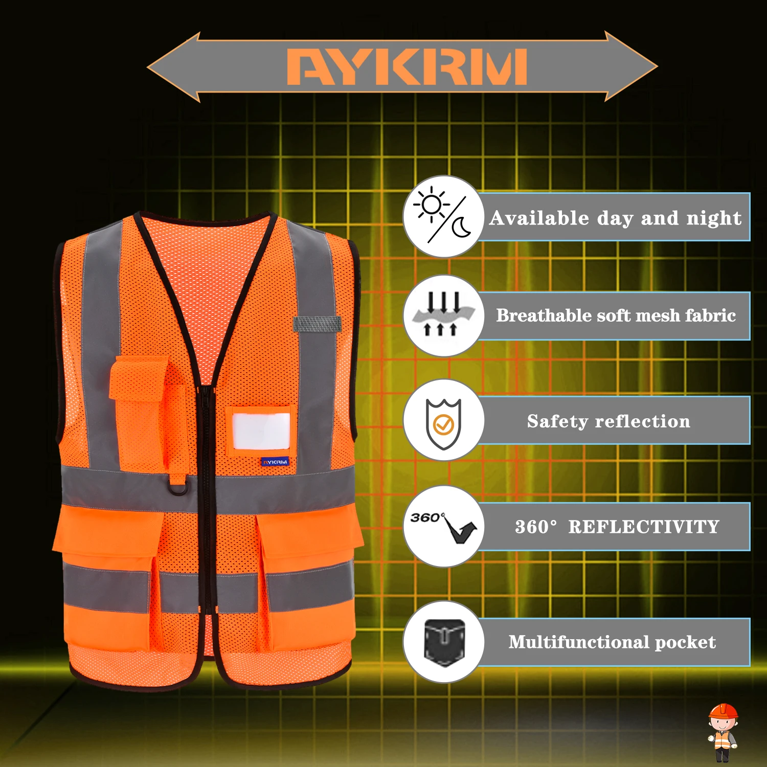 AYKRM 21 color (XS-8XL) Hi Vis Viz وضوح عالية عاكسة الرمز البريدي جيب الأمن سترات سترات سترات العمل
