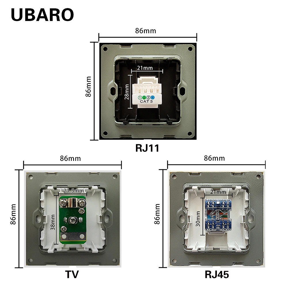 UBARO 172*86mm EU 유리 패널 벽 소켓 RJ45/RJ11/TV/Usb 5V 2A 약한 현재 플러그 홈 전기 콘센트 Ac110-250V 16A