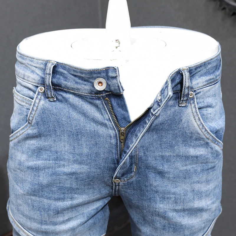 Street Fashion Men Jeans Retro Light Blue Elastic Stretch Slim Fit Spliced Designer Biker Jeans Men Patched Hip Hop Denim Pants