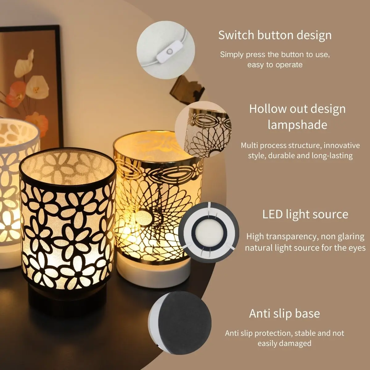 1pcHollow out 디자인의 따뜻한 색상의 LED 책상 램프, USB 전원 공급, 거실, 파티, 침실의 장식 조명에 사용됩니다.