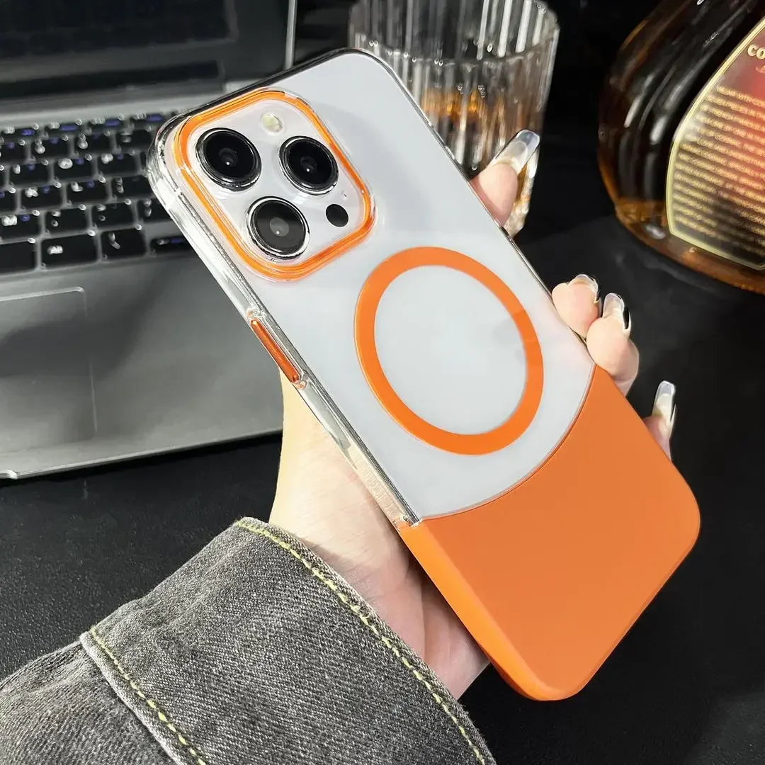 

Luxury Dual Color Splicing Magnetic Charging Phone Case for iPhone 15 14 13 12 11 Pro Max Titanium Gray Shockproof Hard cover