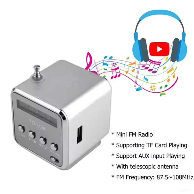 MP3 지원 SD/TF 카드 호환 TD-V26 디지털 휴대용 미니 Fm 라디오 수신기 무선 스피커 LED 라우드 스피커