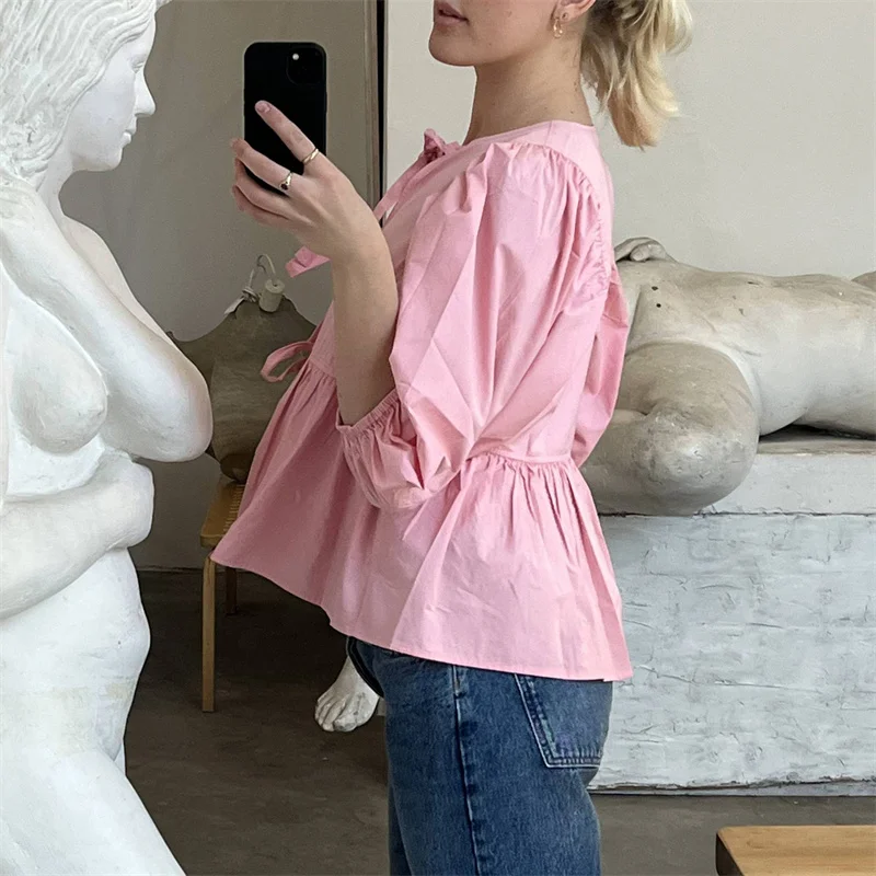 Camisas Y2K para mujer, ropa estética, elegante, color sólido/rayas, manga 3/4, cárdigan con lazo, blusa de los años 2000, ropa de calle