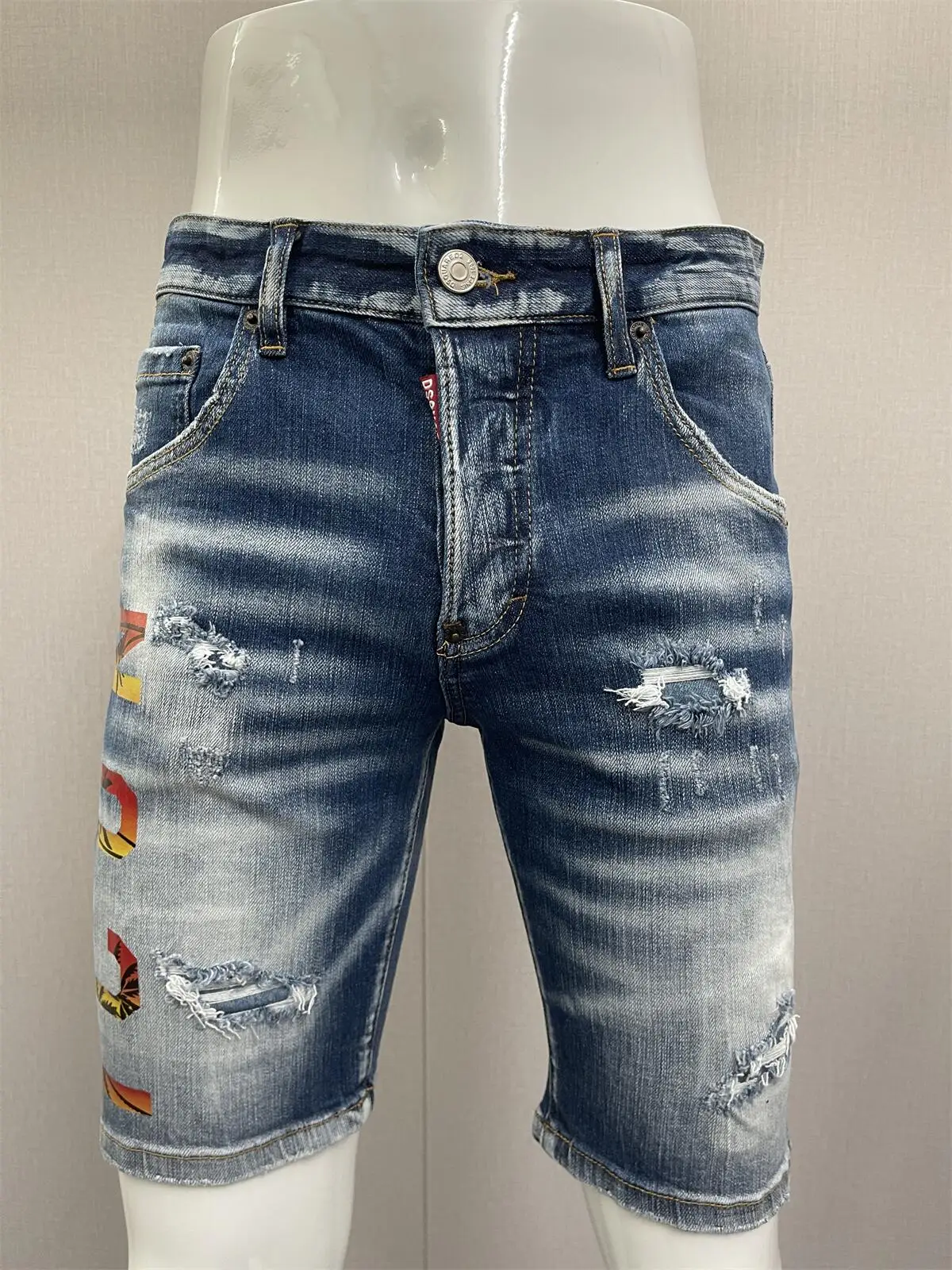 2023 Summer New D2 Jeans Shorts Men's Deep Blue Wash Micro Elastic Splice Slim Fit Printing Letter Fashion