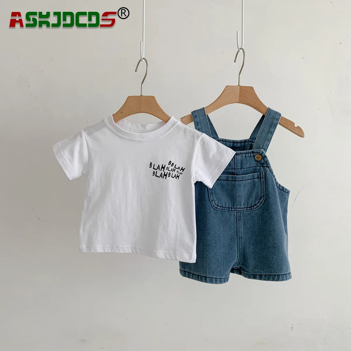 

Summer White Clothing Set 2pcs Kids Baby Boys Short Sleeve Letter Top Tees+solid Color Overalls Denim Packet Children Casual