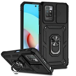 Shockproof Armor Case with Slide Camera Lens Protector and Ring Stand Holder for Redmi 11A (Black)