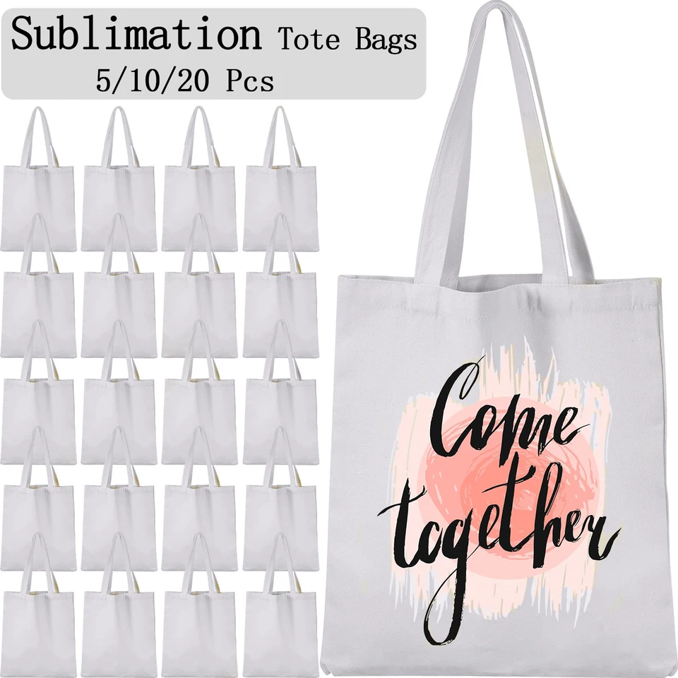 5/10/20 Pcs Sublimation Tote Bags 100%Polyester Blanks Canvas Bag Reusable  Grocery Bags for Heat Transfer Vinyl DIY Crafting