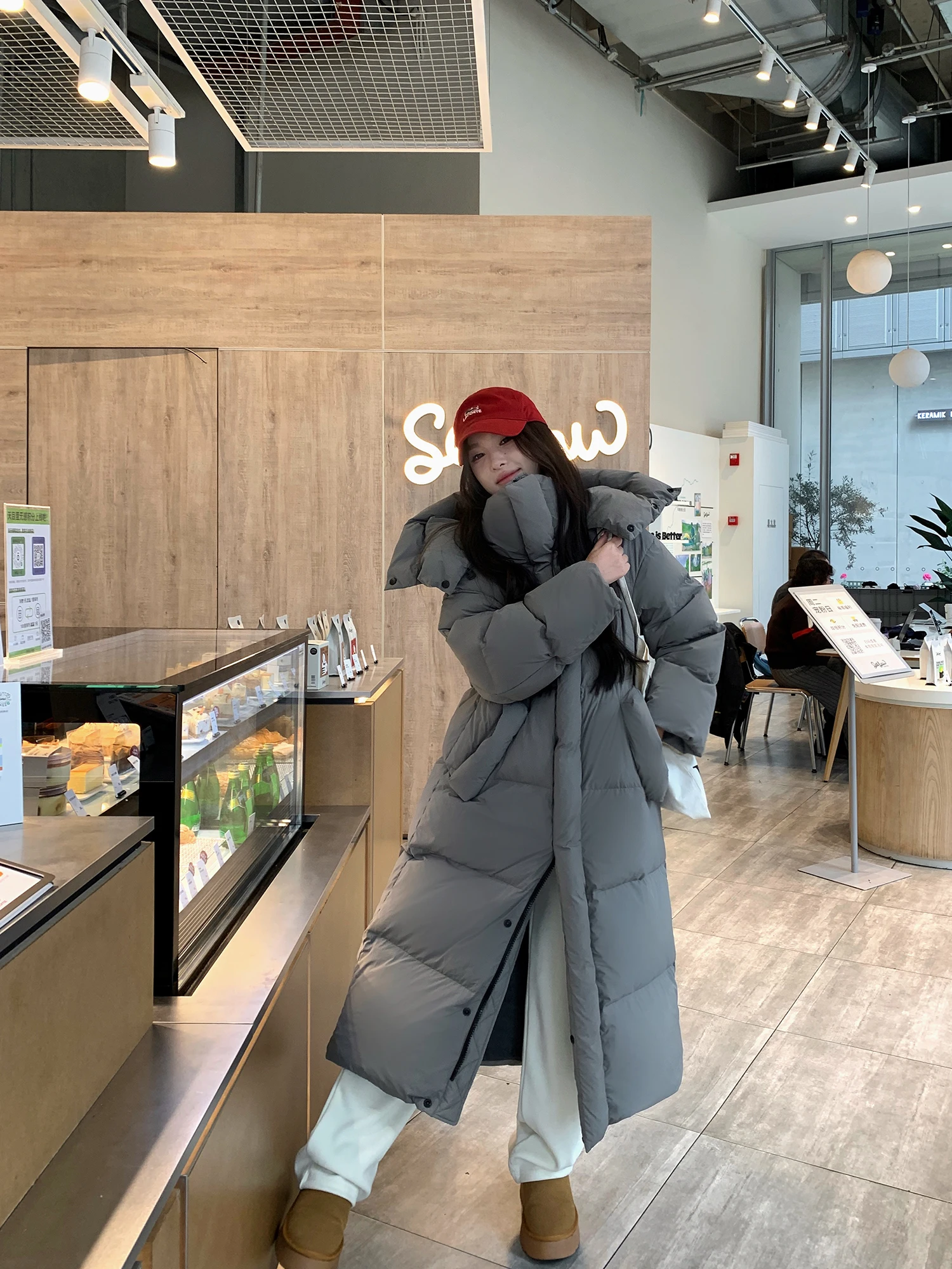

Women's White Duck down Warm Padded Jacket Large Quilt over the Knee Ankle Lengthened Hooded Winter down Jacket
