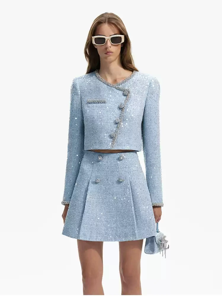 

2024 Early Spring Mist Blue Oblique Placket Sequins Beaded Diamond Trimmed Jacket and Skirt Suit Women