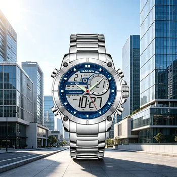CAIAS Stainless Steel Dual-Display Watch, 43mm Dial, Mechanical Hands, Chronograph, Calendar, Alarm, Water-Resistant 1