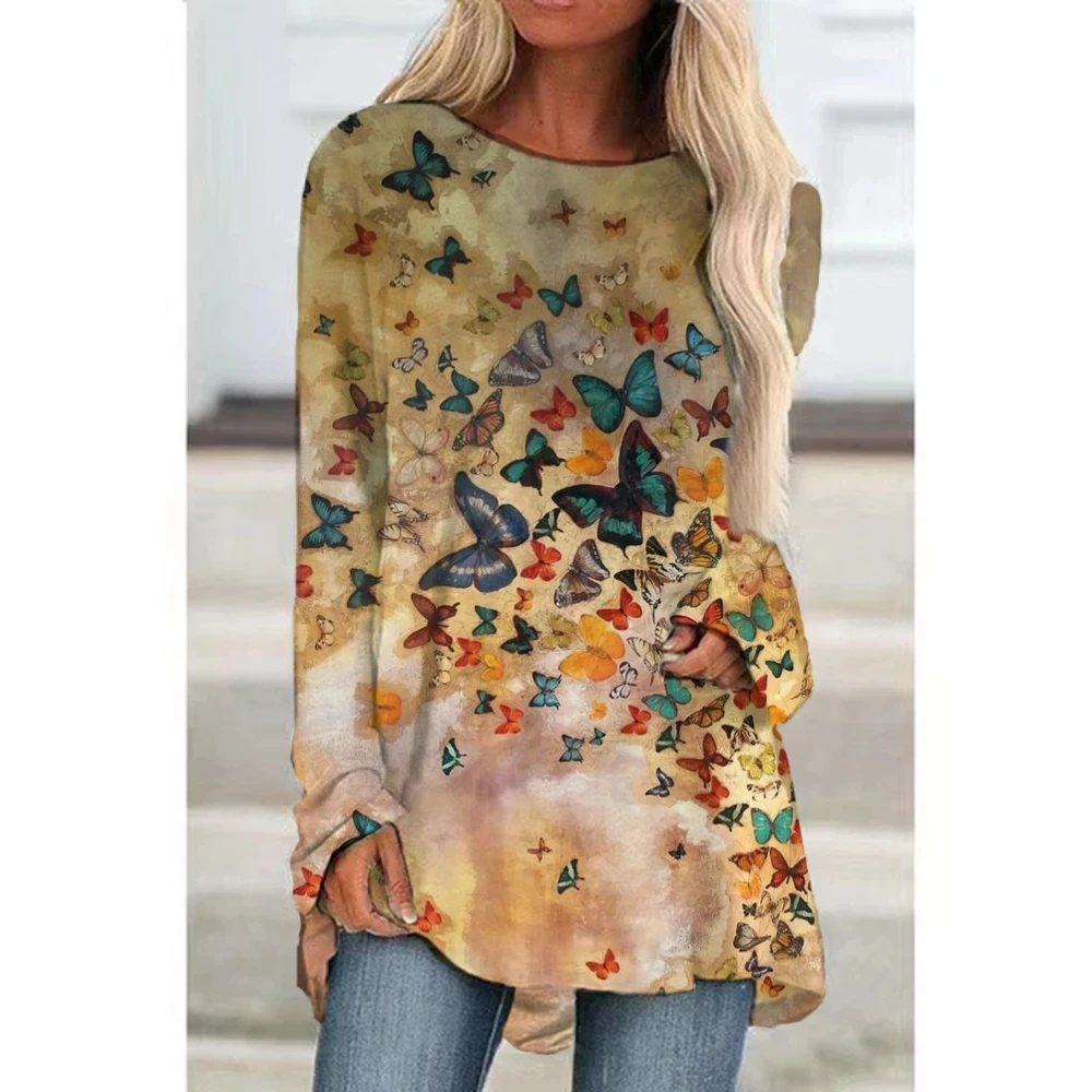 

Женская футболка с принтом бабочки, свободный удобный летний пуловер для отдыха, свободная повседневная футболка с длинным рукавом и круглым вырезом