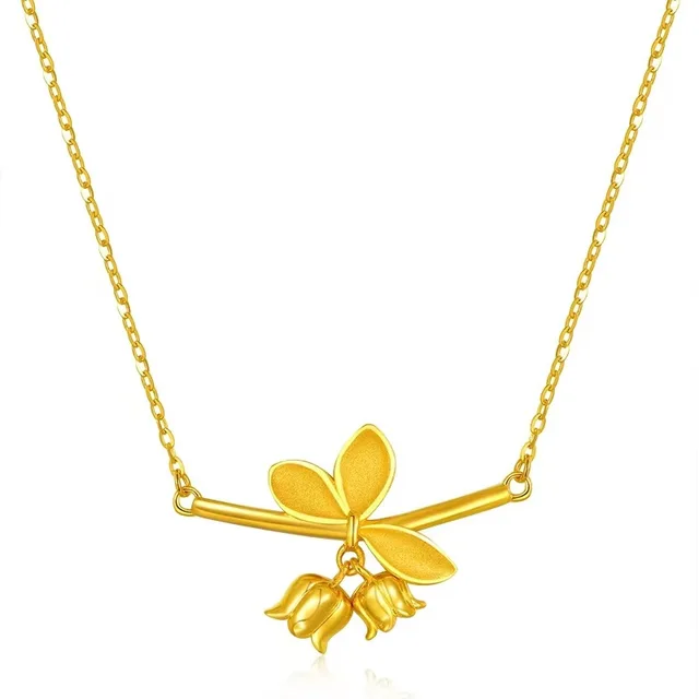 Fashion Real 24k Pure Gold Color Frosting Orchid Integrated Chain Bone Pendant Necklace for Women Bride Chain Fine Jewelry Gifts