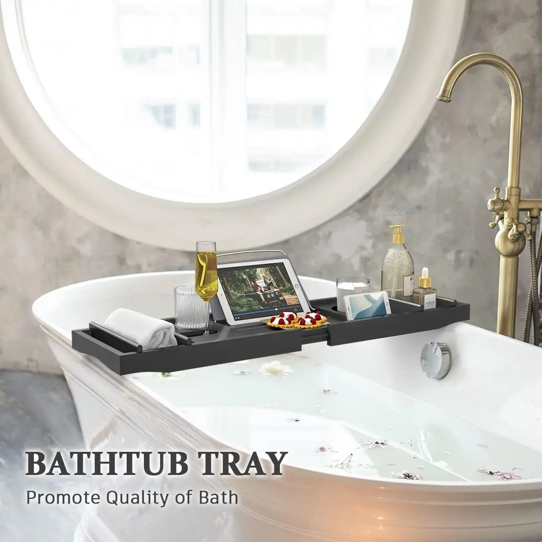NEW Bamboo Adjustable Organizer Tray for Bathroom with Free Soap Dish Suitable for Luxury Spa or Reading(Black)