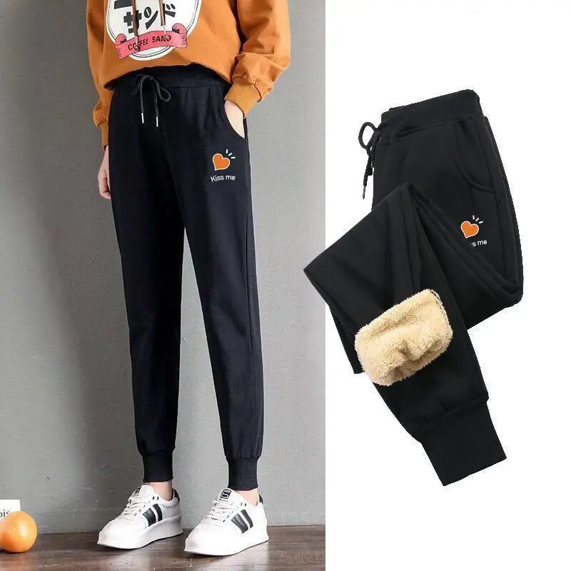 Korean Fashion Big Size Plus Fleece Sweatpants Autumn Winter Elastic Lace-up High Waist Straight Women Casual Bloomers Trousers