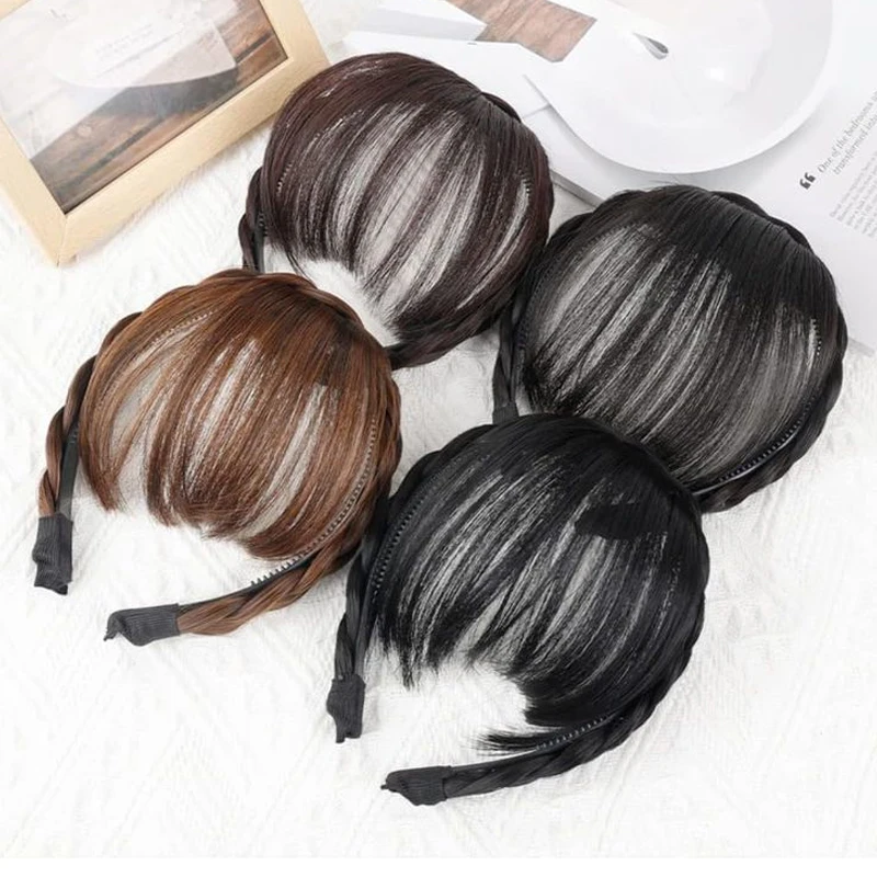 Synthetic Braided Headband with Hair Bangs Wig Blunt Bangs with Hairband Hairpiece for Girs Kids Daily Use Hair Accessories
