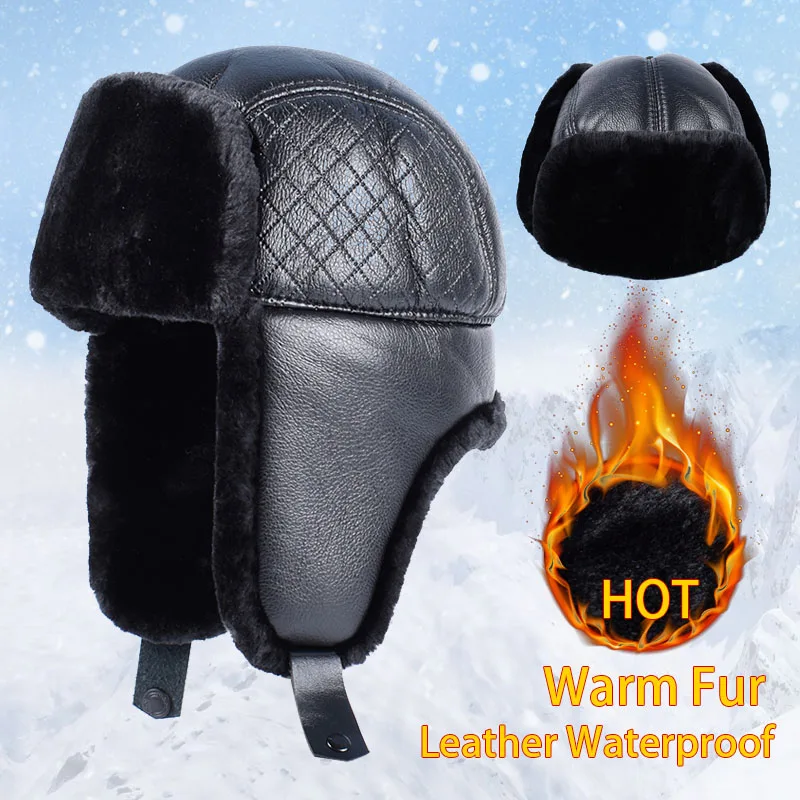 Men's Winter Hat With Earflaps Ushanka Warm Russian Fur Bomber Hats Plaid Faux Leather Winter Aviator Cap