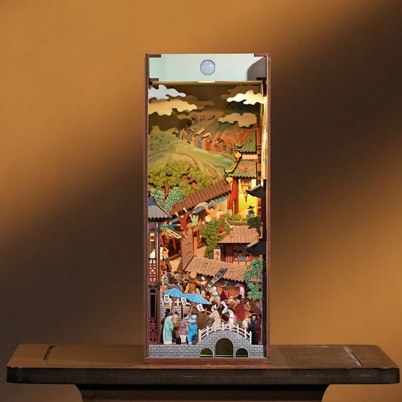DIY Wooden Book Nook Shelf Insert Kits Chinese Ancient Street View Bookends Miniature Building Kits Bookshelf For Friends Gifts 3