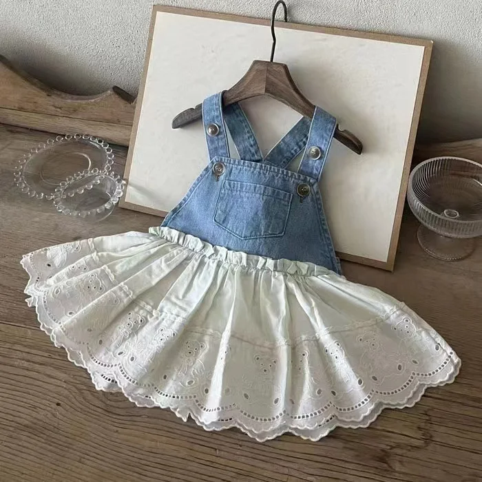 abiti-primavera-estate-bambini-abbigliamento-per-bambini-cowboy-splicing-flower-edge-canotta-gonna-bambino-2024-semplice-scavato