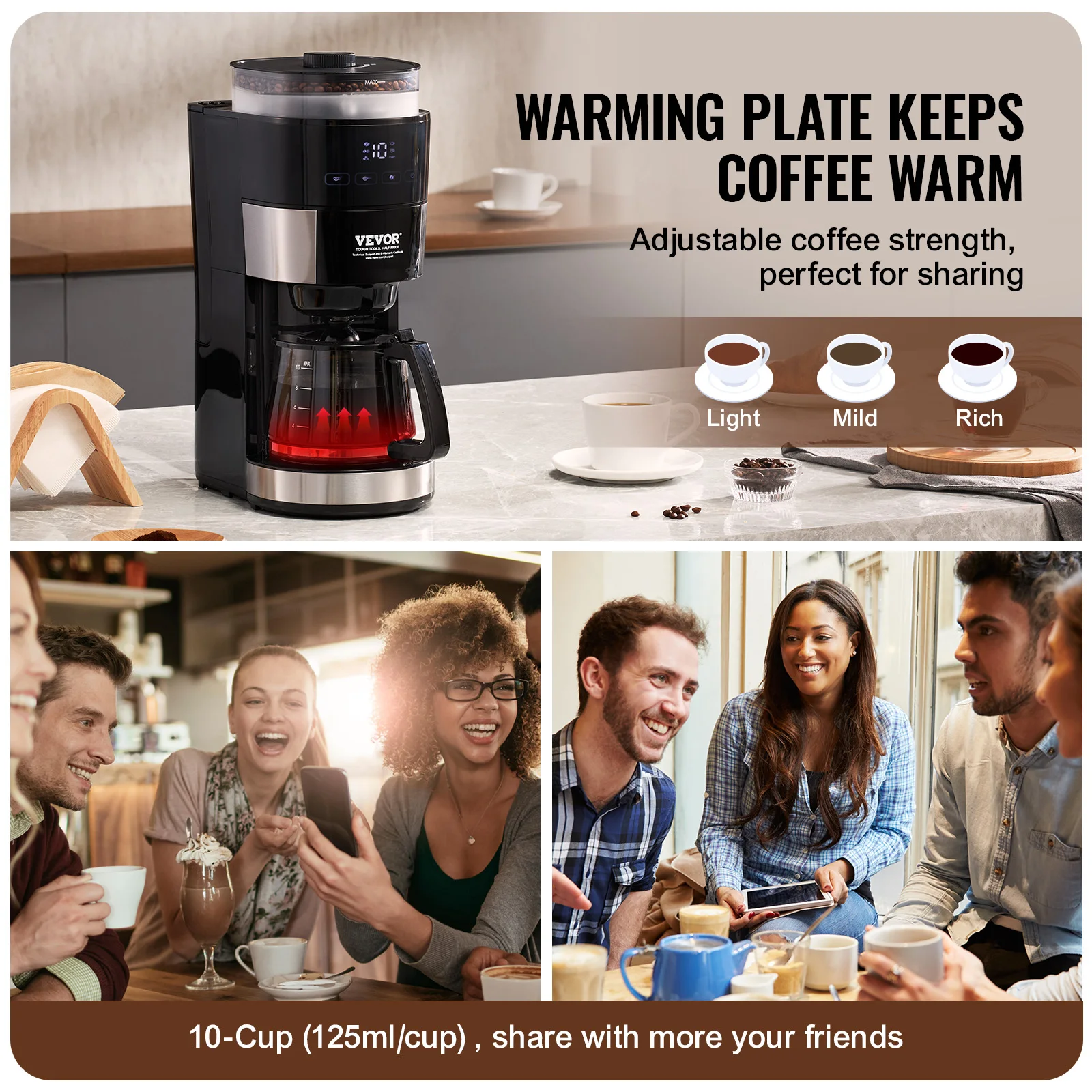 VEVOR 8-12 Cups Coffee Maker with Grinder Grind and Brew Coffee Maker &Adjustable Grinding Coarseness for Home Office Restaurant 5