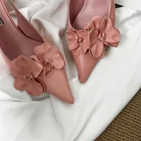 Pink High Heels Sexy Pointed Toe Slingback Shoes Design Flower Low Heel Office  Shoes White Pumps Chaussures Femme - Image 4