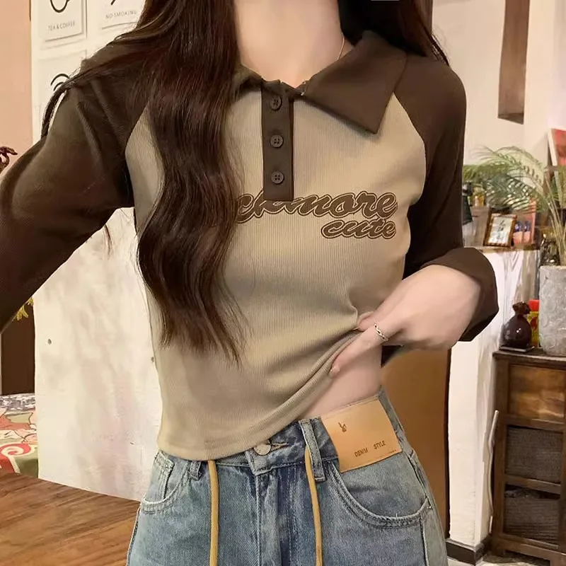 

New Fashion 2024 Women Tops Lace Splice Design Winter Autumn T- Shirt Female Clothing Sexy Crop Top Clothes Casual Blouse Y2k